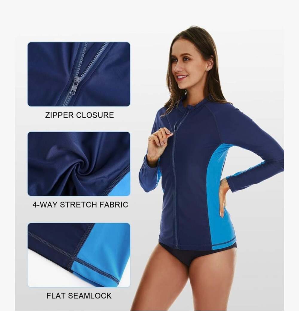 HALCURT Womens Zip Long Sleeve Rash Guard Swim Shirt w/ UPF 50+ Sz L Beach Vacay